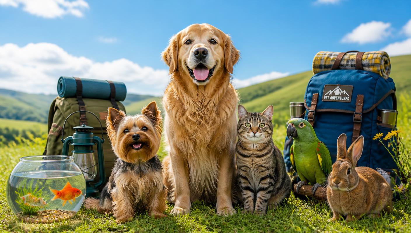 A golden retriever, terrier, cat, parrot, rabbit and goldfish together with camping gear on a sunny hillside